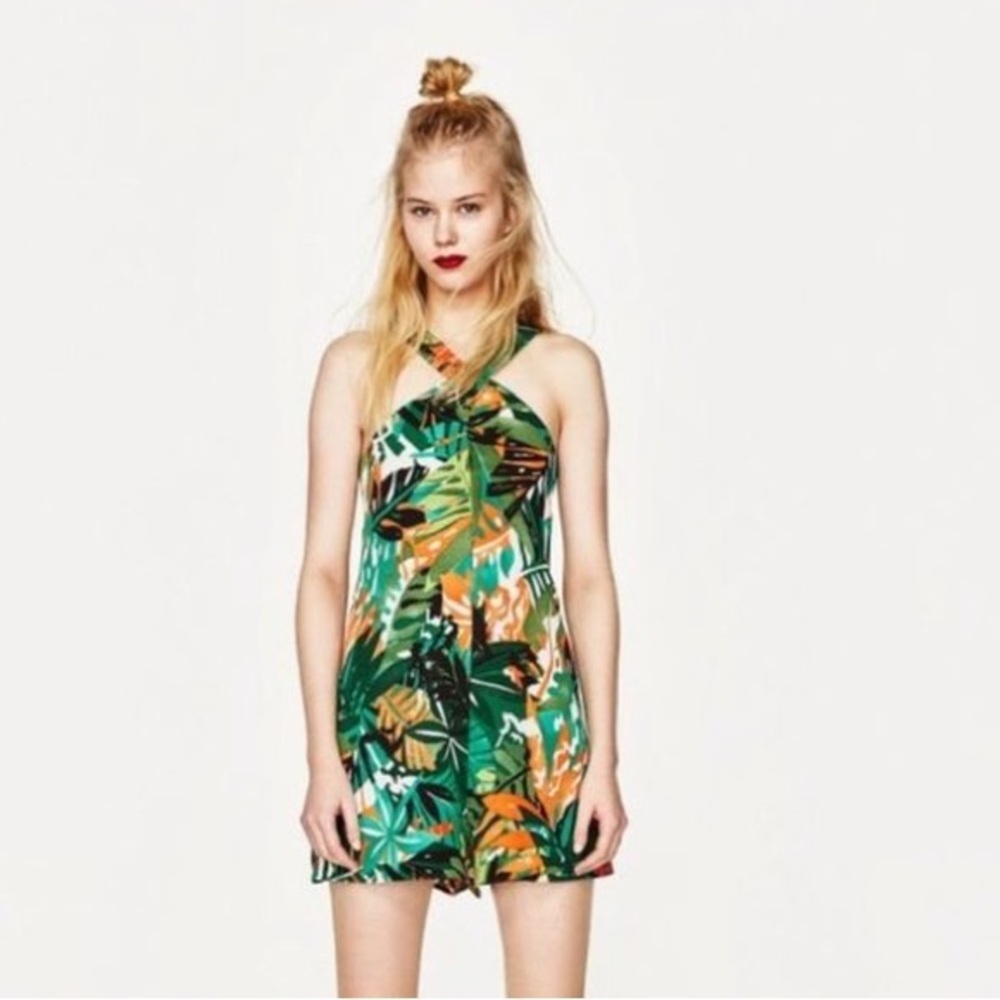 Zara Trafaluc Collection Tropical Green and Orange Halter Romper